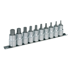 The Sealey TRX-Star* Socket Bit Set (AK6208) includes ten 1/2" square drive socket wrenches of varying sizes, arranged on a metal rack for professional use.