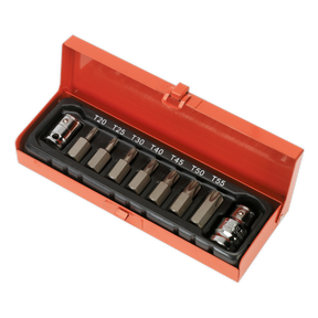 The Sealey TRX-Star* Bit & Holder Set 9pc 3/8" & 1/2"Sq Drive - AK6210 includes a selection of durable S2 Steel torx bits ranging from T20 to T55, all neatly organized in a sturdy red plastic case.