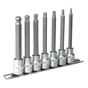 The Ball-End Hex Socket Bit Set by Sealey includes seven metric pieces (AK6212) with a 3/8" square drive and 100mm length. Arranged in ascending order of size on a metal holder, these Chrome Vanadium steel hex wrench bit sockets are ideal for any toolbox, ensuring precision and durability for any project.