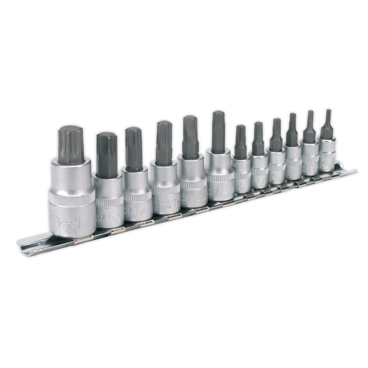 The Sealey TRX-Star* Socket Bit Set 12pc 1/4", 3/8" & 1/2"Sq Drive - AK6213 comes as a set of twelve chrome vanadium steel sockets arranged in a row on a metal rail holder, varying in size.