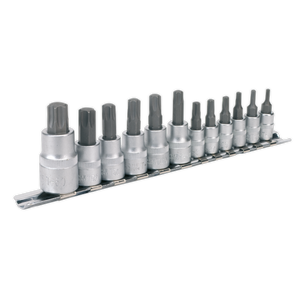 The Sealey TRX-Star* Socket Bit Set 12pc 1/4", 3/8" & 1/2"Sq Drive - AK6213 comes as a set of twelve chrome vanadium steel sockets arranged in a row on a metal rail holder, varying in size.