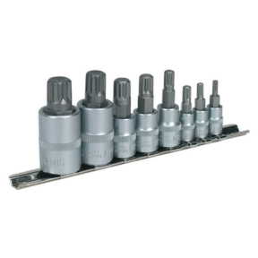 A set of eight Sealey Spline Socket Bit Set 1/4", 3/8" & 1/2"Sq Drive - AK6214 of varying sizes is displayed on a metal strip holder, crafted from durable Chrome Vanadium steel.