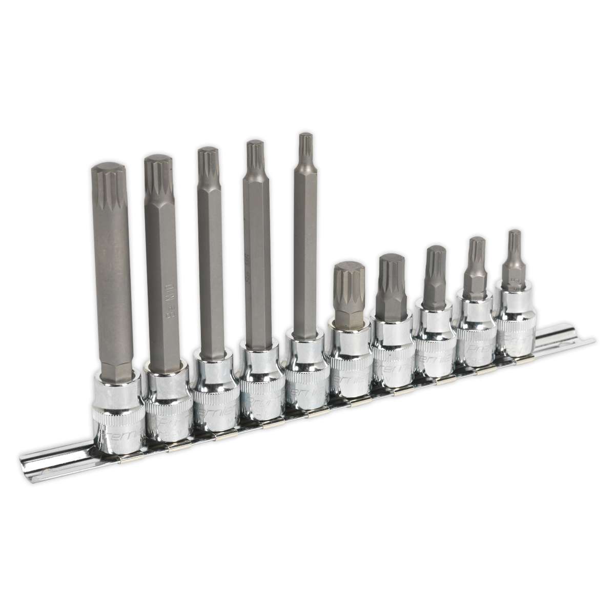 The Sealey Spline Socket Bit Set 10pc 3/8"Sq Drive - AK6216, featuring hex and Torx socket bits crafted from S2 steel, is thoughtfully arranged in a row on a durable metal tool rail holder.