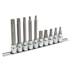 The Sealey Spline Socket Bit Set 10pc 3/8"Sq Drive - AK6216, featuring hex and Torx socket bits crafted from S2 steel, is thoughtfully arranged in a row on a durable metal tool rail holder.