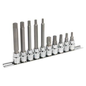 The Sealey Spline Socket Bit Set 10pc 3/8"Sq Drive - AK6216, featuring hex and Torx socket bits crafted from S2 steel, is thoughtfully arranged in a row on a durable metal tool rail holder.