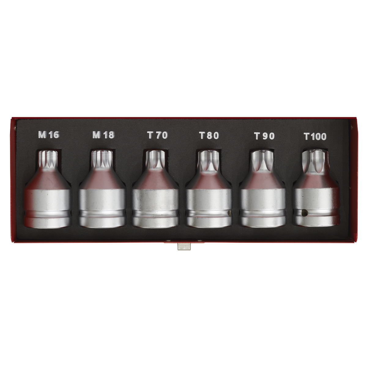 The Sealey Security TRX-Star* & Security Spline Socket Bit Set (AK6218) includes six premium hand tools with metallic sockets labeled M16, M18, T70, T80, T90, and T100. Crafted from durable Chrome Molybdenum steel and neatly arranged in a red tray.