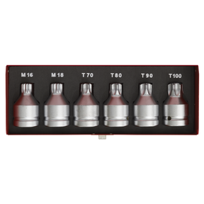 The Sealey Security TRX-Star* & Security Spline Socket Bit Set (AK6218) includes six premium hand tools with metallic sockets labeled M16, M18, T70, T80, T90, and T100. Crafted from durable Chrome Molybdenum steel and neatly arranged in a red tray.