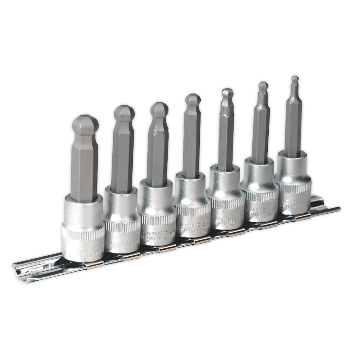 The Sealey Premier Hand Tools collection features the Ball-End Hex Socket Bit Set 7pc Metric 3/8"Sq Drive 62mm - AK621, a set of seven different-sized hex bits crafted from durable Chrome Vanadium steel and secured in a robust metal holder.