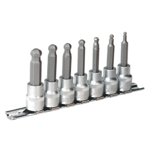 The Sealey Premier Hand Tools collection features the Ball-End Hex Socket Bit Set 7pc Metric 3/8"Sq Drive 62mm - AK621, a set of seven different-sized hex bits crafted from durable Chrome Vanadium steel and secured in a robust metal holder.