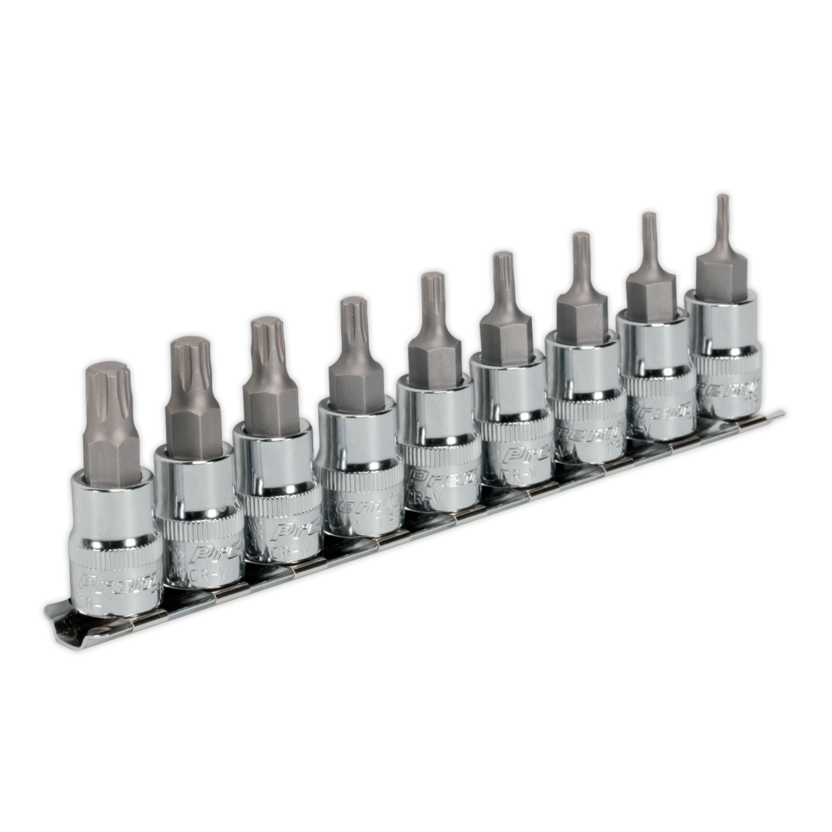 A set of nine Sealey TRX-P* Socket Bit Set 3/8"Sq Drive 50mm - AK6222, featuring durable Chrome Vanadium steel sockets, mounted on a metal rail.