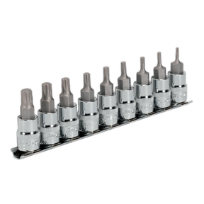 A set of nine Sealey TRX-P* Socket Bit Set 3/8"Sq Drive 50mm - AK6222, featuring durable Chrome Vanadium steel sockets, mounted on a metal rail.