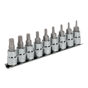 A set of nine Sealey TRX-P* Socket Bit Set 3/8"Sq Drive 50mm - AK6222, featuring durable Chrome Vanadium steel sockets, mounted on a metal rail.