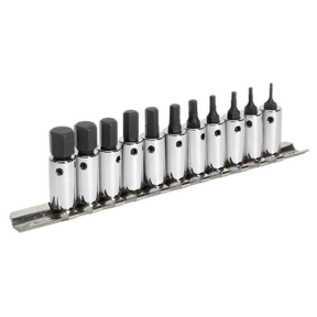 An 11-piece set of Hex Socket Bits in metric sizes with a 1/4" square drive (AK62251) by Sealey, neatly arranged on a durable metal rail.