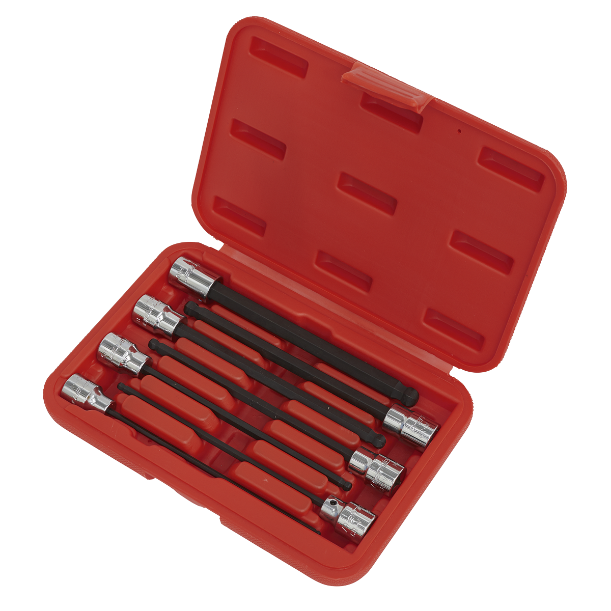 Introducing the Sealey Ball-End Hex Socket Bit Set 7pc 3/8"Sq Drive 150mm Metric - AK62257, a red plastic case containing six metal extension bars and a black flexible extension bar, all crafted with durable Chrome Vanadium steel sockets perfect for mechanical tasks.