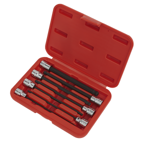 Introducing the Sealey Ball-End Hex Socket Bit Set 7pc 3/8"Sq Drive 150mm Metric - AK62257, a red plastic case containing six metal extension bars and a black flexible extension bar, all crafted with durable Chrome Vanadium steel sockets perfect for mechanical tasks.
