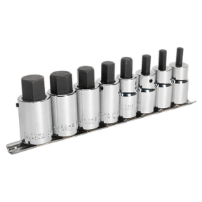 A set of eight Sealey Hex Socket Bit Set 1/2"Sq Drive Metric wrenches (AK62258), featuring chrome vanadium hex bit sockets with S2 steel bits, arranged in a mounting rail.