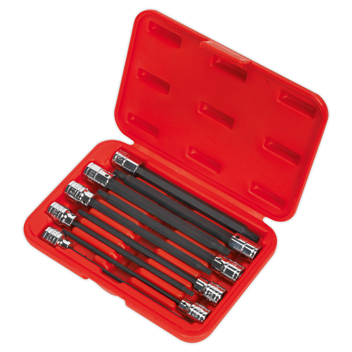 A Sealey TRX-Star* Socket Bit Set 9pc 3/8" Sq Drive 150mm - AK62261 comes in a Premier Hand Tools red plastic case. The case is open, revealing nine black socket extension bars with chrome ends, neatly arranged in their designated slots. These extension bars are made with durable Chrome Vanadium steel sockets for superior performance.