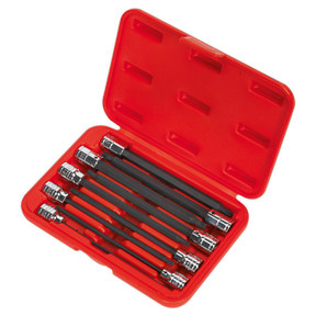 A Sealey TRX-Star* Socket Bit Set 9pc 3/8" Sq Drive 150mm - AK62261 comes in a Premier Hand Tools red plastic case. The case is open, revealing nine black socket extension bars with chrome ends, neatly arranged in their designated slots. These extension bars are made with durable Chrome Vanadium steel sockets for superior performance.