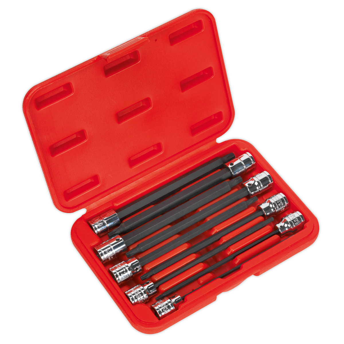 The Sealey TRX-Star* Socket Bit Set 9pc 3/8"Sq Drive 150mm - AK62261 is housed in a red plastic case, featuring eight black socket extension bars with gleaming, chrome-plated ends. Crafted from Chrome Vanadium steel, the tools are systematically arranged within molded slots in the open case.