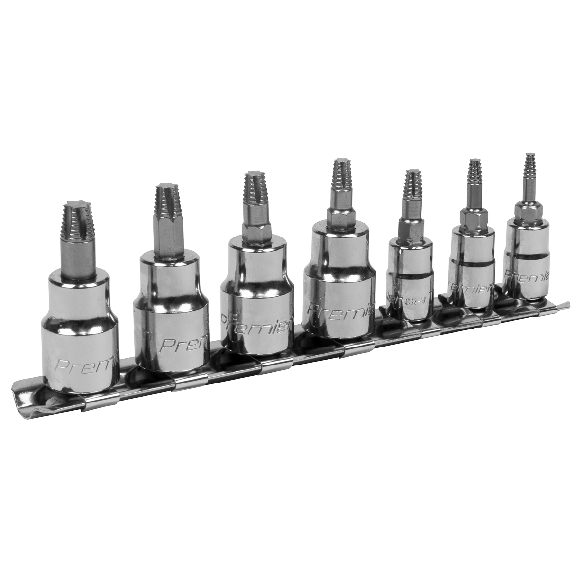 A set of seven Sealey TRX-Star* Socket Bit Set Lock-On™ adapters (product code: AK62262), featuring 1/4" and 3/8" square drives, crafted from Chrome Vanadium steel, arranged in ascending order on a rail.