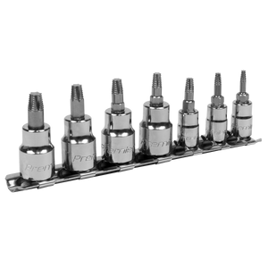 A set of seven Sealey TRX-Star* Socket Bit Set Lock-On™ adapters (product code: AK62262), featuring 1/4" and 3/8" square drives, crafted from Chrome Vanadium steel, arranged in ascending order on a rail.