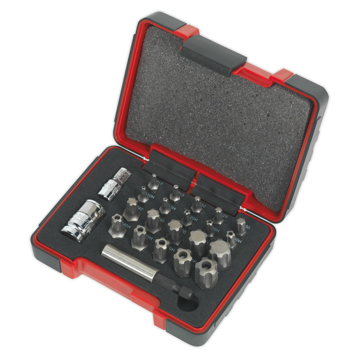 The Sealey TRX-P* & Security TRX-TS* Bit Set 23pc 1/4" & 3/8"Sq Drive - AK6226 features a red and black plastic case containing metal hex and TRX-P bits, a socket adapter, and a bit holder, all securely housed in custom foam inserts.