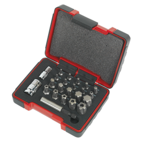 The Sealey TRX-P* & Security TRX-TS* Bit Set 23pc 1/4" & 3/8"Sq Drive - AK6226 features a red and black plastic case containing metal hex and TRX-P bits, a socket adapter, and a bit holder, all securely housed in custom foam inserts.
