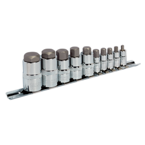 A set of Sealey Premier Hand Tools featuring the Hex Socket Bit Set 10pc Stubby 1/4", 3/8" & 1/2"Sq Drive - AK6229, arranged on a metal holder.