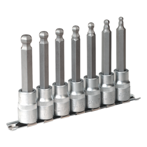 A set of seven Sealey Ball-End Hex Socket Bits (AK622) with ball-end tips, varying in size, crafted from durable Chrome Vanadium steel and mounted on a sleek metal holder.