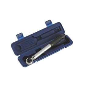 A Sealey Micrometer Torque Wrench 3/8"Sq Drive Calibrated - AK623, housed in a blue plastic case with a molded interior for the tool and an additional attachment, perfect for professional use.