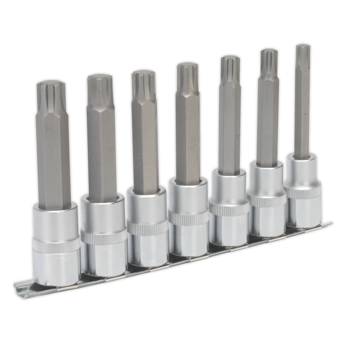 A set of seven Ribe socket bits, forged from Chrome Vanadium, organized in a row on a metal holder. Product Name: Ribe Socket Bit Set 7pc 1/2"Sq Drive 100mm - AK6235 by Sealey.