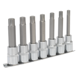 A set of seven Ribe socket bits, forged from Chrome Vanadium, organized in a row on a metal holder. Product Name: Ribe Socket Bit Set 7pc 1/2"Sq Drive 100mm - AK6235 by Sealey.