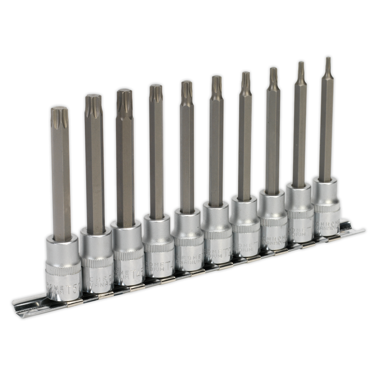 Introducing the Sealey TRX-Star* Socket Bit Set, a professional collection of ten 3/8" square drive tools, each crafted from durable Chrome Vanadium steel and neatly organized in a sleek metal holder (model AK6236).