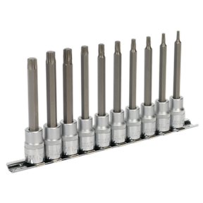 Introducing the Sealey TRX-Star* Socket Bit Set, a professional collection of ten 3/8" square drive tools, each crafted from durable Chrome Vanadium steel and neatly organized in a sleek metal holder (model AK6236).