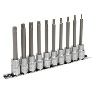 Introducing the Sealey TRX-Star* Socket Bit Set, a professional collection of ten 3/8" square drive tools, each crafted from durable Chrome Vanadium steel and neatly organized in a sleek metal holder (model AK6236).