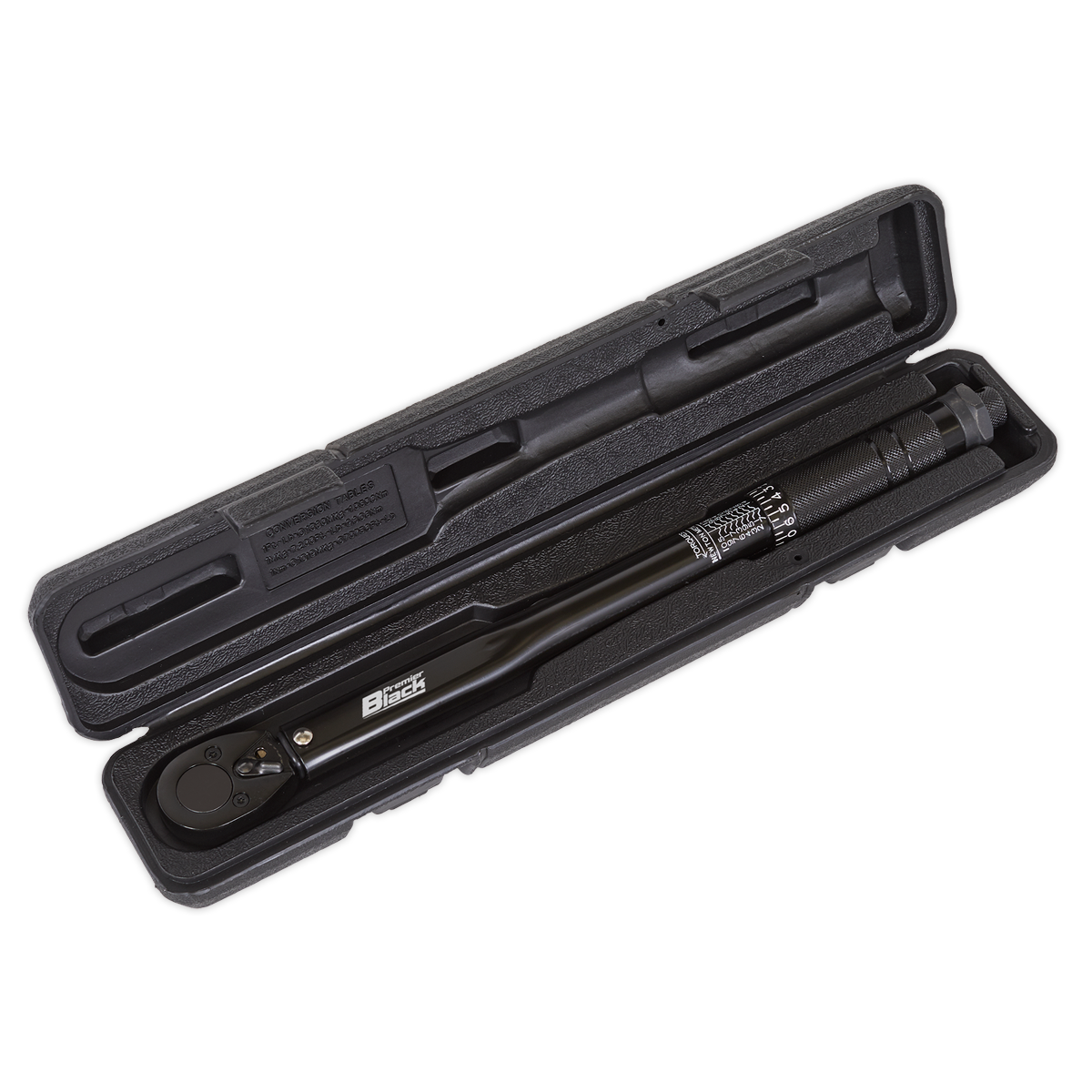 The Sealey Micrometer Torque Wrench 3/8"Sq Drive Calibrated Black Series - AK623B is securely housed inside a protective black plastic case with molded compartments. The wrench, offering corrosion resistance, features a digital readout and prominent brand labeling on the handle.