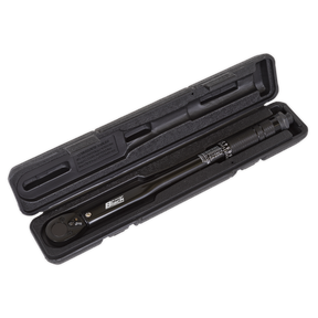 The Sealey Micrometer Torque Wrench 3/8"Sq Drive Calibrated Black Series - AK623B is securely housed inside a protective black plastic case with molded compartments. The wrench, offering corrosion resistance, features a digital readout and prominent brand labeling on the handle.