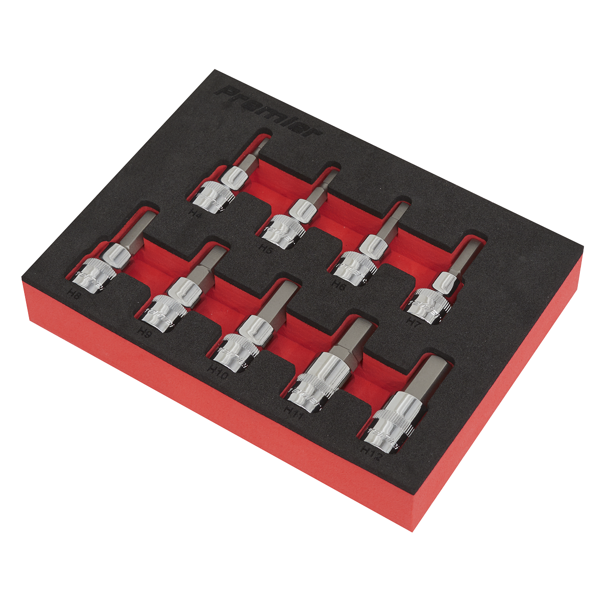 A set of nine Sealey Hex Socket Bit tools, product number AK6240, is crafted from durable Chrome Vanadium steel and neatly arranged in an EVA storage tray with a red base.