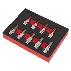 A set of nine Sealey Hex Socket Bit tools, product number AK6240, is crafted from durable Chrome Vanadium steel and neatly arranged in an EVA storage tray with a red base.