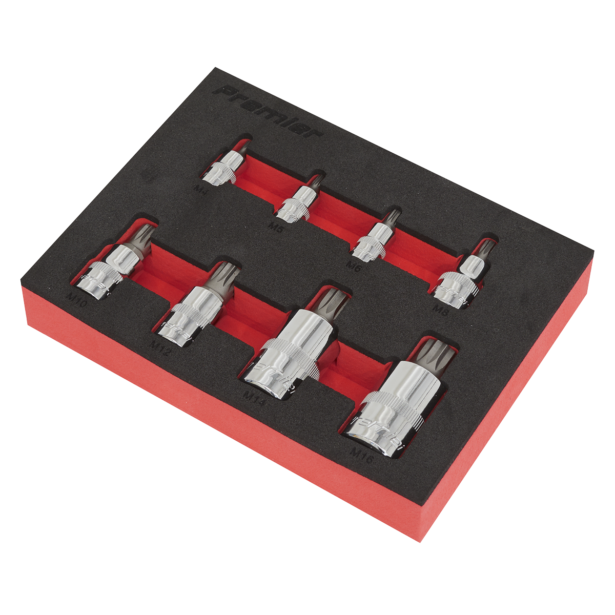 The Sealey Spline Socket Bit Set 8pc 1/4", 3/8" & 1/2"Sq Drive - AK6241 includes eight chrome hex bits organized in a black and red foam tray. Made from durable Chrome Vanadium steel, each bit is labeled from M4 to M12. Part of the Premier Hand Tools collection, these bits come with a lifetime guarantee.