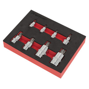 The Sealey Spline Socket Bit Set 8pc 1/4", 3/8" & 1/2"Sq Drive - AK6241 includes eight chrome hex bits organized in a black and red foam tray. Made from durable Chrome Vanadium steel, each bit is labeled from M4 to M12. Part of the Premier Hand Tools collection, these bits come with a lifetime guarantee.