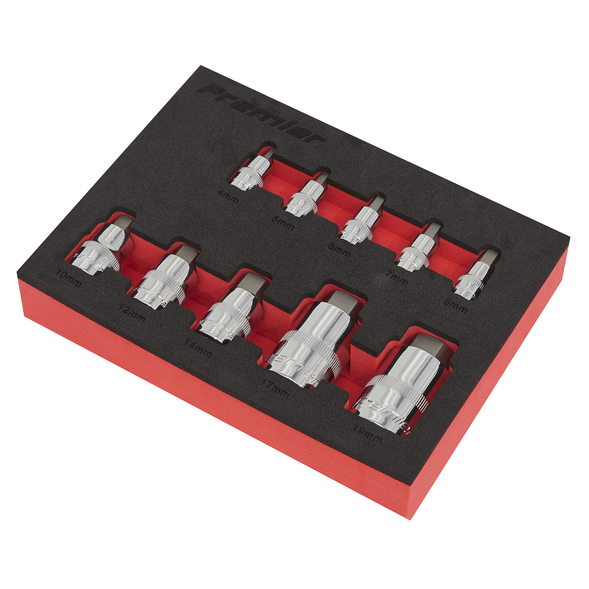 The Sealey Hex Socket Bit Set 10pc Stubby 1/4", 3/8" & 1/2"Sq Drive - AK6244 comes neatly arranged in a black foam tray with red edges. Made from durable Chrome Vanadium steel, the sizes range from 4mm to 14mm and are clearly marked above each socket. This set is backed by a lifetime guarantee for your peace of mind.