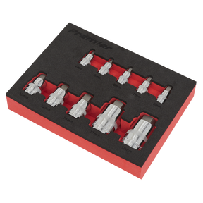 The Sealey Hex Socket Bit Set 10pc Stubby 1/4", 3/8" & 1/2"Sq Drive - AK6244 comes neatly arranged in a black foam tray with red edges. Made from durable Chrome Vanadium steel, the sizes range from 4mm to 14mm and are clearly marked above each socket. This set is backed by a lifetime guarantee for your peace of mind.