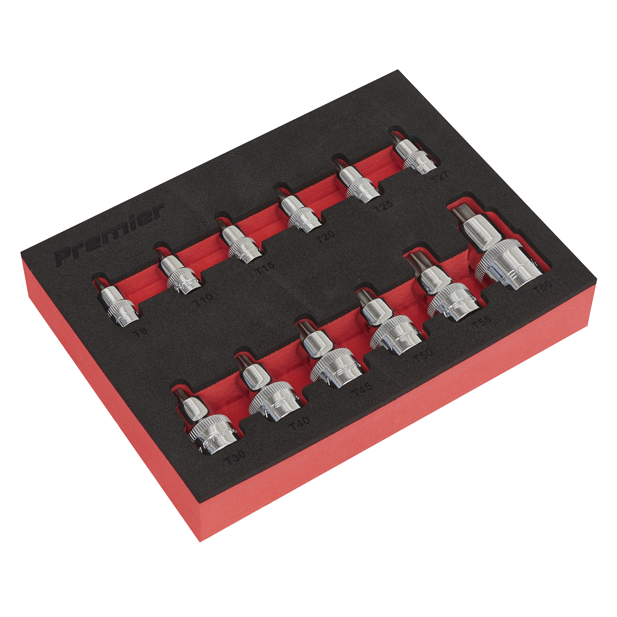 The Sealey TRX-Star* Socket Bit Set 12pc Stubby 1/4", 3/8" & 1/2"Sq Drive - AK6245, crafted from Chrome Vanadium steel and arranged in a red and black foam tray for professional use.