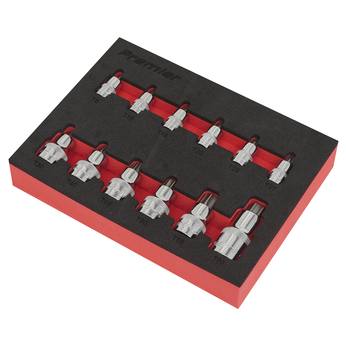 The Sealey TRX-Star* Socket Bit Set 12pc Stubby 1/4", 3/8" & 1/2"Sq Drive - AK6245 features twelve socket bits crafted from durable Chrome Vanadium steel, organized in a sleek two-tone foam tray with red and black sections. Each bit is securely placed in its designated slot, making it perfect for professional use.