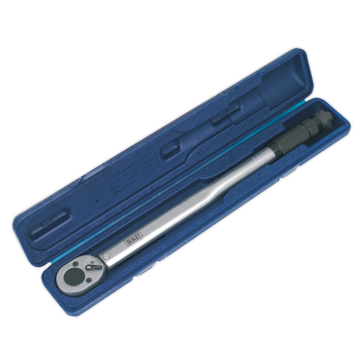 Introducing the Sealey Micrometer Torque Wrench 1/2" Sq Drive Calibrated - AK624, a professional hand tool set featuring a corrosion-resistant torque wrench with a silver handle and black ratcheting head, all neatly stored in a blue plastic case.