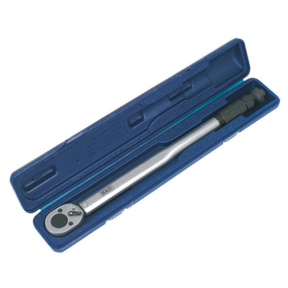Introducing the Sealey Micrometer Torque Wrench 1/2" Sq Drive Calibrated - AK624, a professional hand tool set featuring a corrosion-resistant torque wrench with a silver handle and black ratcheting head, all neatly stored in a blue plastic case.