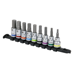 Introducing the Hex Socket Bit Set 9pc 3/8"Sq Drive - Platinum - AK6250 from Sealey. Crafted from high-quality Chrome Vanadium steel, this set includes nine durable hex bit sockets, neatly organized on a black plastic holder. Each bit is color-coded and labeled with sizes ranging from 4 to 12mm. Enjoy peace of mind with Sealey's Lifetime Guarantee on these premier hand tools.
