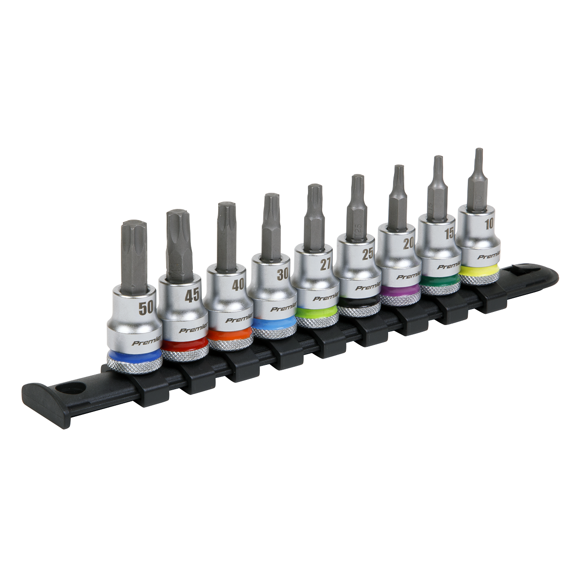 The TRX-Star* Socket Bit Set 9pc 3/8"Sq Drive - Platinum Series (AK6251) by Sealey features nine hex bit sockets on a black rail holder, each with color-coded rings and sizes ranging from 10 to 50, made from durable Chrome Vanadium steel.