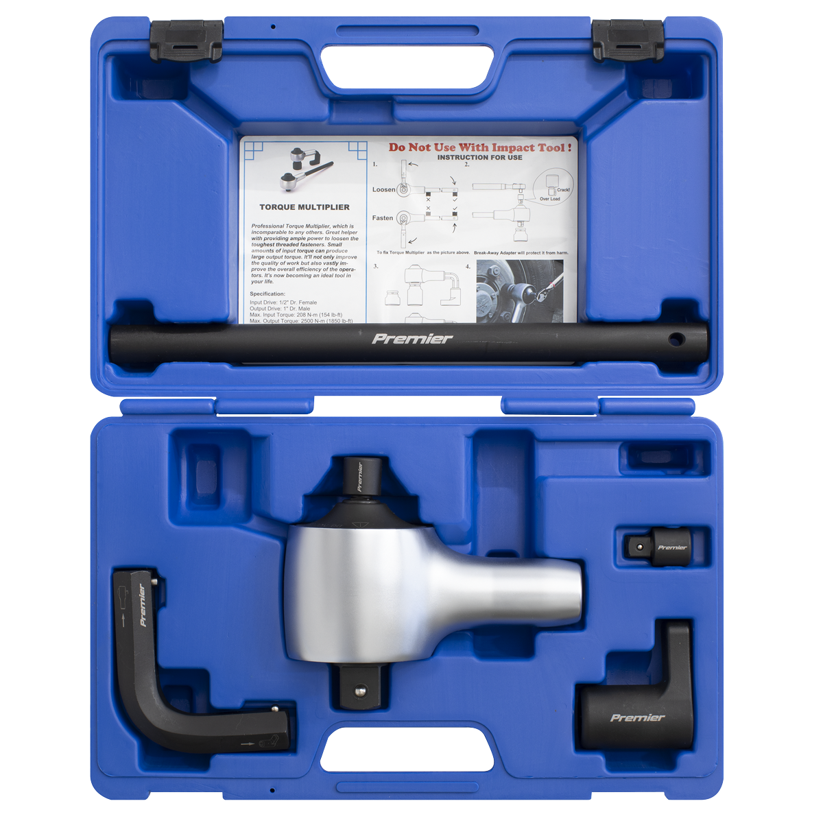 Blue plastic carrying case open to reveal the Sealey Torque Multiplier Set 7pc 1/2"-1"Sq Drive - AK6291, featuring instructions, a long black handle, and several compatible drive tool attachments neatly arranged inside.